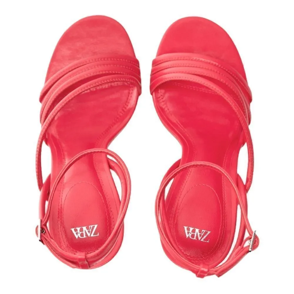 Zara Coral Red High Heeled Strap Sandals - Picture 6 of 15